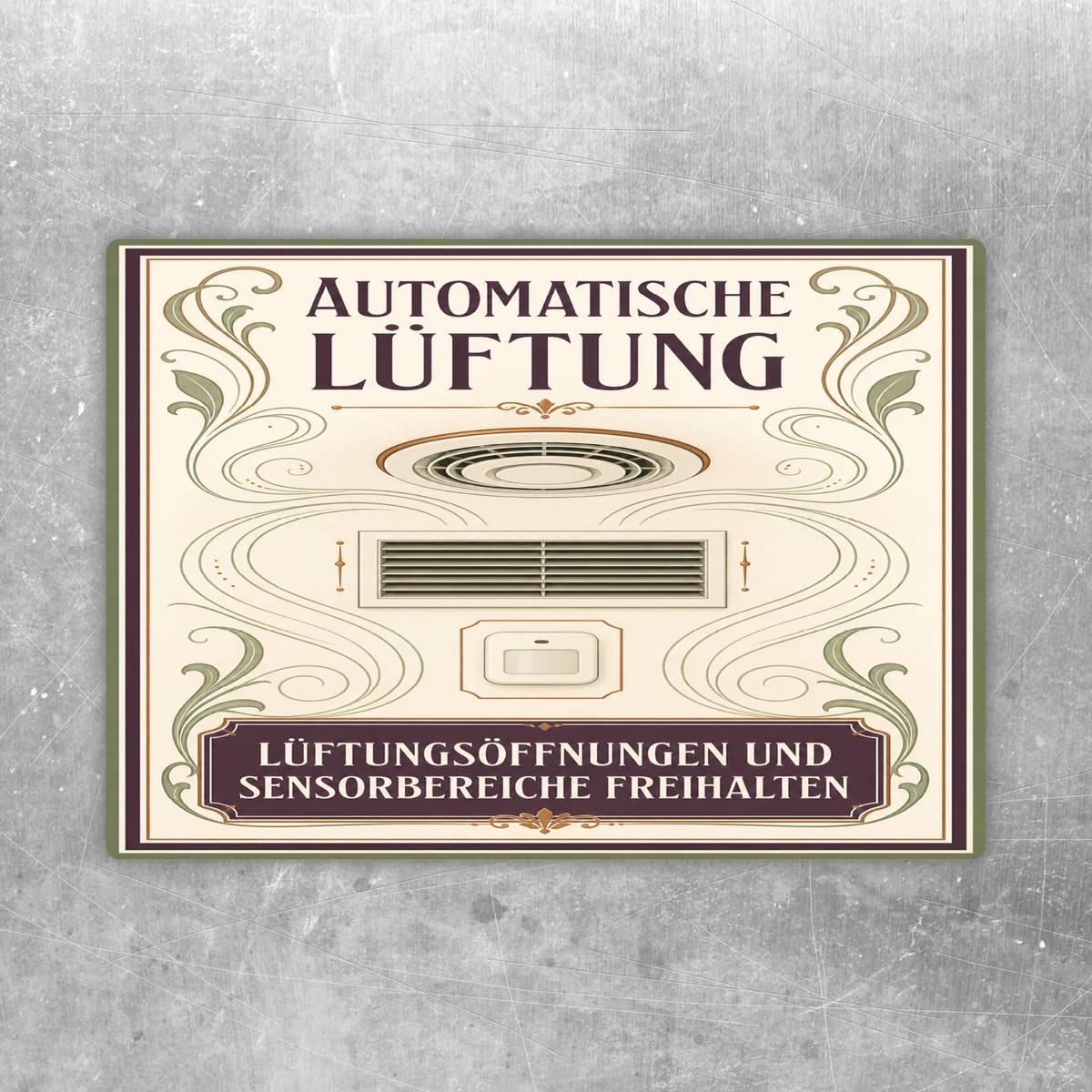 Aufkleber Automatische Lüftung mit cremefarbenem Motiv und Hinweis, Lüftungsöffnungen und Sensorbereiche freihalten.