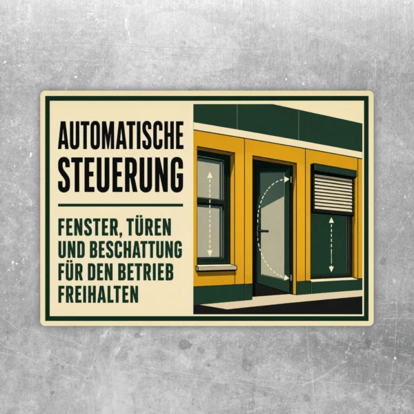 Aufkleber mit Hinweis Automatische Steuerung, Fenster, Türen und Beschattung für den Betrieb freihalten im Querformat.
