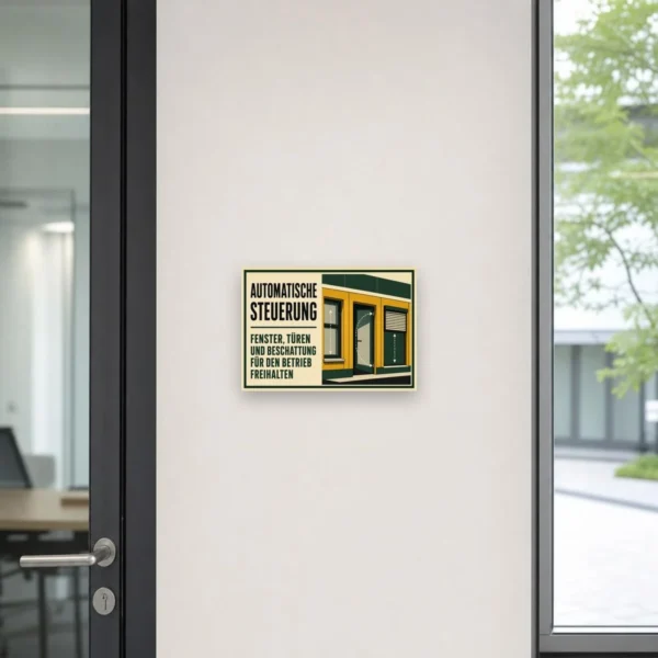 KI-generiertes Anwendungsbeispiel: Hinweisschild automatische Steuerung an Wand, mit Fenster-, Tür- und Beschattungsmotiv.