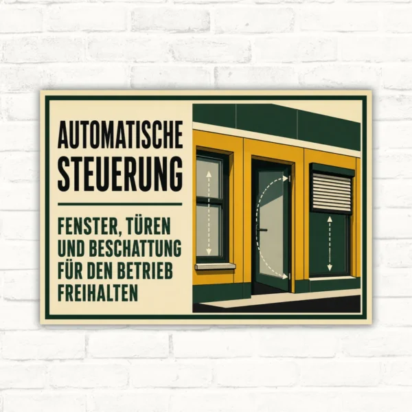 Hinweisschild mit Text „Automatische Steuerung – Fenster, Türen und Beschattung für den Betrieb freihalten“.