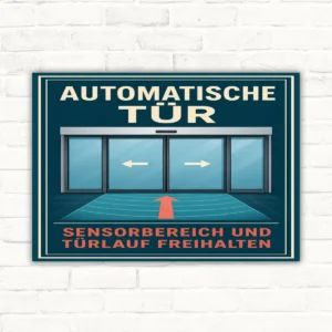 Automatische Tür Schild mit Text „Sensorbereich und Türläufe freihalten“, Türgrafik und rotem Pfeil als Hinweisschild.