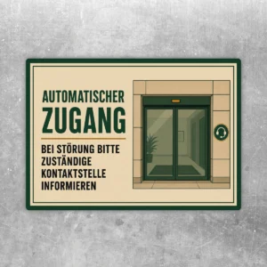 Beigefarbener Automatischer Zugang Aufkleber mit Türgrafik und Hinweis, bei Störung die Kontaktstelle zu informieren.