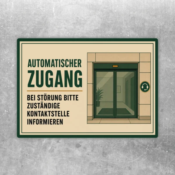 Beigefarbener Automatischer Zugang Aufkleber mit Türgrafik und Hinweis, bei Störung die Kontaktstelle zu informieren.