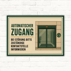 Querformatiges Schild mit Text „Automatischer Zugang“ und „Bei Störung bitte zuständige Kontaktstelle informieren“.