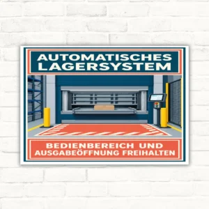 Hinweisschild Automatisches Lagersystem Bedienbereich und Ausgabeöffnung freihalten mit gut lesbarem Motiv und klarer Beschriftung als bedrucktes Schild aus Aluminium-Verbundplatte.