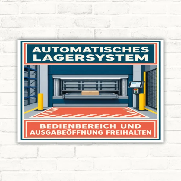 Hinweisschild Automatisches Lagersystem Bedienbereich und Ausgabeöffnung freihalten mit gut lesbarem Motiv und klarer Beschriftung als bedrucktes Schild aus Aluminium-Verbundplatte.