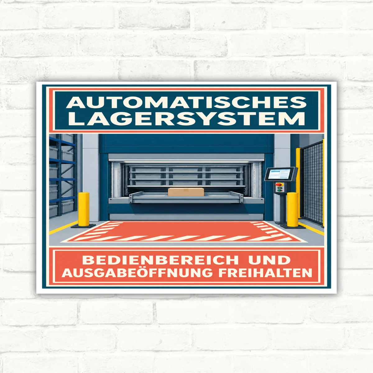 Hinweisschild Automatisches Lagersystem Bedienbereich und Ausgabeöffnung freihalten mit gut lesbarem Motiv und klarer Beschriftung als bedrucktes Schild aus Aluminium-Verbundplatte.