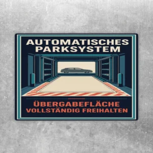 Aufkleber mit Motiv automatisches Parksystem und Hinweis Übergabefläche vollständig freihalten in Blau, Beige und Rot.