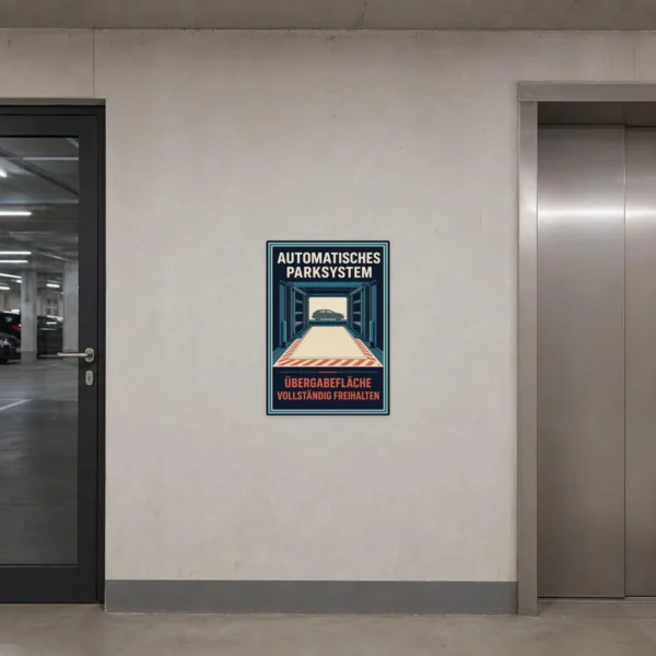 KI-generiertes Anwendungsbeispiel: Aufkleber Parksystem Übergabefläche freihalten an Wand einer Tiefgarage.