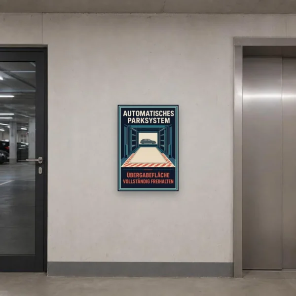 KI-generiertes Anwendungsbeispiel: Parksystem Schild „Übergabefläche vollständig freihalten“ an einer Garagenwand.