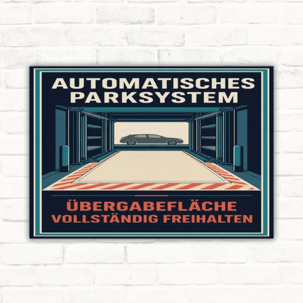 Parksystem Schild mit Text „Automatisches Parksystem – Übergabefläche vollständig freihalten“ und Garagenmotiv.