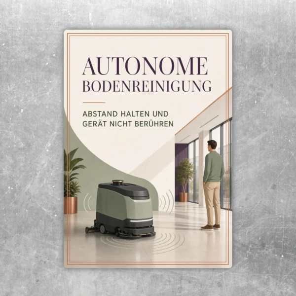 Aufkleber Autonome Bodenreinigung mit Reinigungsroboter, Hinweis Abstand halten und Gerät nicht berühren.