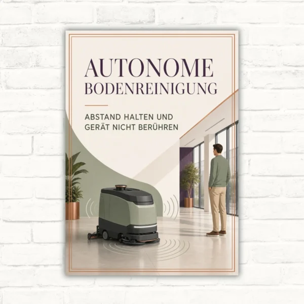 Hinweisschild mit Text „Autonome Bodenreinigung – Abstand halten und Gerät nicht berühren“ und Reinigungsroboter-Motiv.
