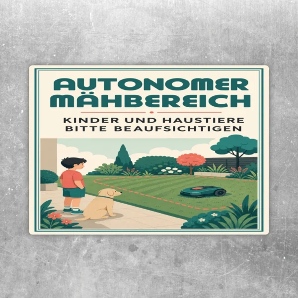 Aufkleber autonomer Mähbereich mit Kind, Hund und Mähroboter sowie Hinweis Kinder und Haustiere beaufsichtigen.