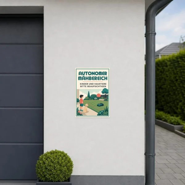 KI-generiertes Anwendungsbeispiel: Aufkleber autonomer Mähbereich mit Kind, Hund und Mähroboter im Garten.