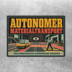 Aufkleber autonomer Materialtransport mit Lagerkreuzung, Transportfahrzeug und Warntext aufmerksam passieren.