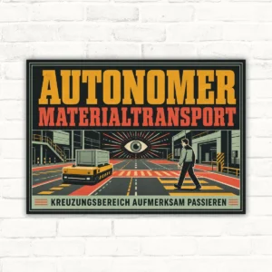 Warnschild mit Text „Autonomer Materialtransport – Kreuzungsbereich aufmerksam passieren“ für Betriebswege.