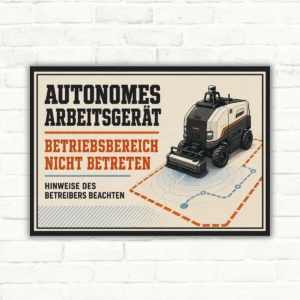 Warnschild mit Text „Autonomes Arbeitsgerät – Betriebsbereich nicht betreten“ und Illustration einer autonomen Maschine.