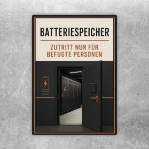 Batteriespeicher Aufkleber im Hochformat mit Zutrittshinweis, Türmotiv und orangefarbenen Energieakzenten.