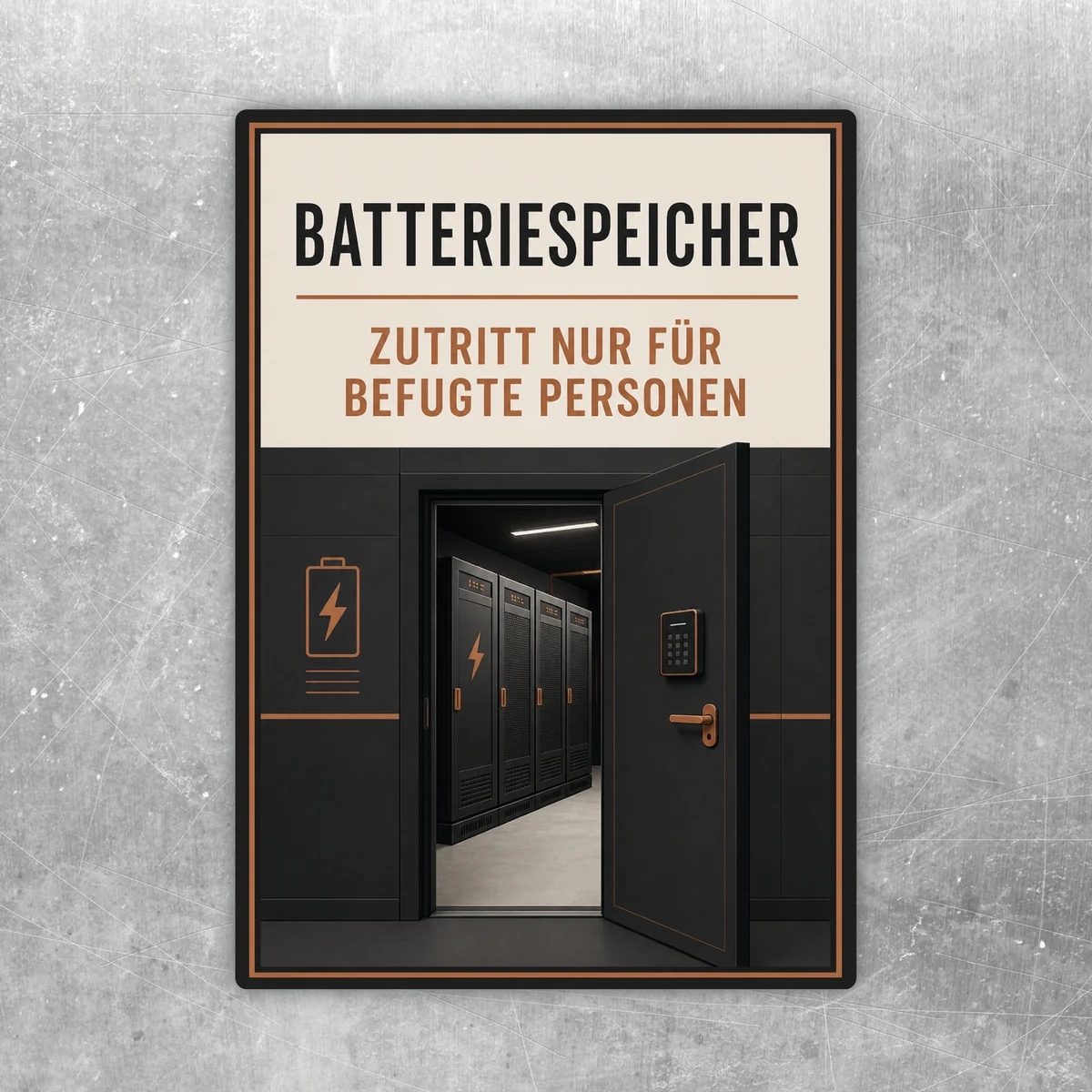 Batteriespeicher Aufkleber im Hochformat mit Zutrittshinweis, Türmotiv und orangefarbenen Energieakzenten.