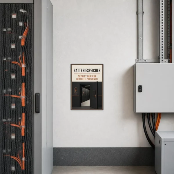 KI-generiertes Anwendungsbeispiel: Batteriespeicher Aufkleber an Technikraumtür mit Hinweis auf befugten Zutritt.