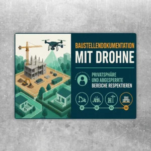 Querformat-Aufkleber zur Baustellendokumentation mit Drohne, Hinweis auf Privatsphäre und abgesperrte Bereiche.