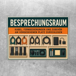 Querformat-Aufkleber Besprechungsraum mit Hinweis, Kabel, Fernbedienungen und Zubehör zurückzulegen.