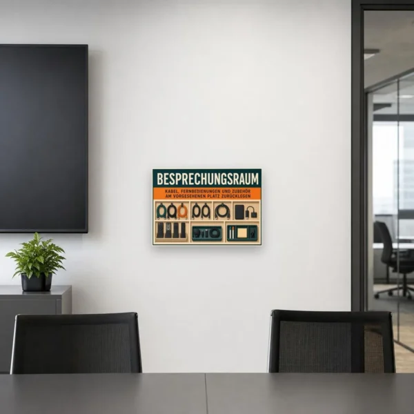 KI-generiertes Anwendungsbeispiel: Besprechungsraum Schild Kabel und Zubehör zurücklegen am passenden Einsatzort mit gut sichtbarem Motiv und klarer Beschriftung.