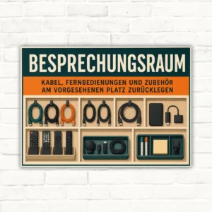 Besprechungsraum Schild Kabel und Zubehör zurücklegen mit gut lesbarem Motiv und klarer Beschriftung als bedrucktes Schild aus Aluminium-Verbundplatte.