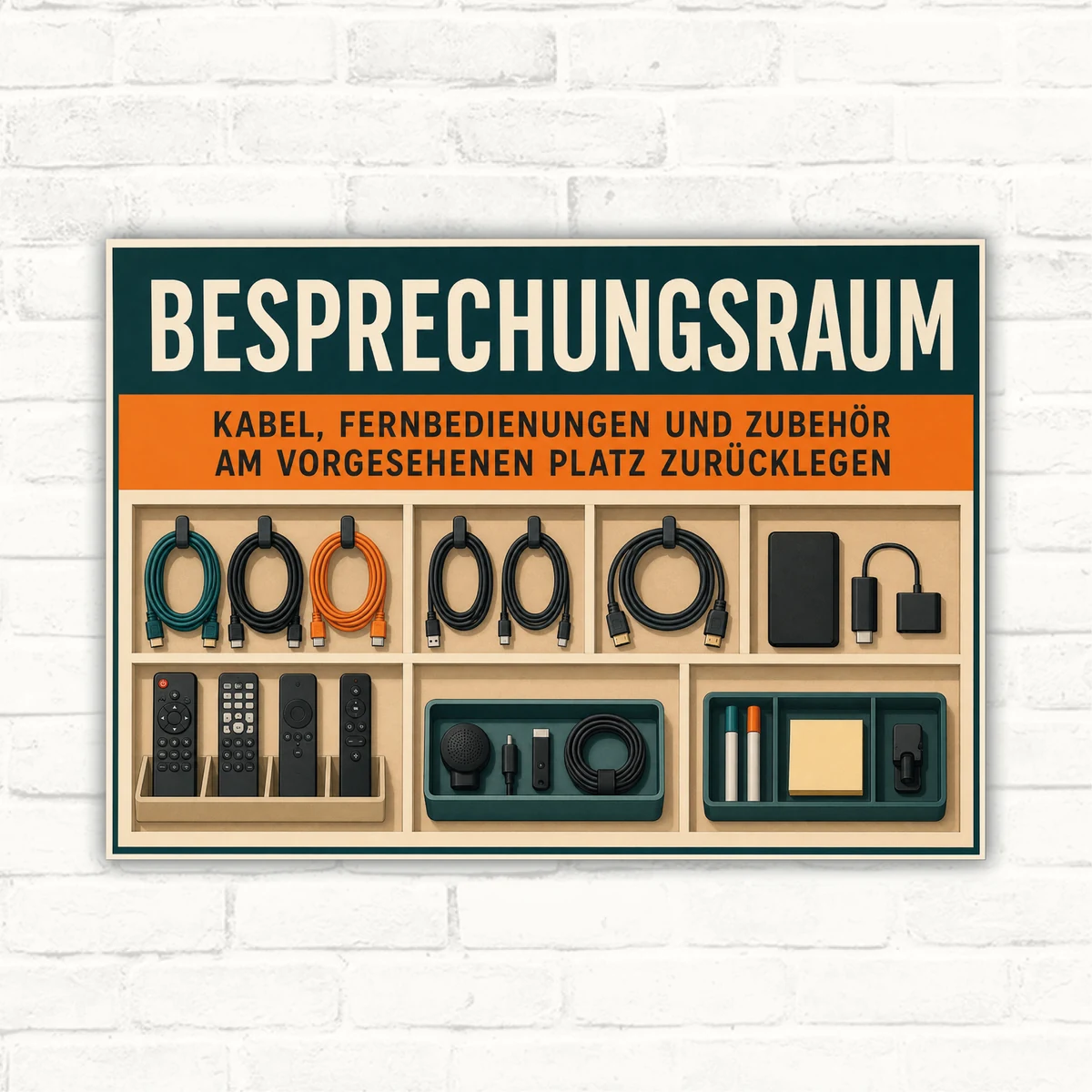 Besprechungsraum Schild Kabel und Zubehör zurücklegen mit gut lesbarem Motiv und klarer Beschriftung als bedrucktes Schild aus Aluminium-Verbundplatte.