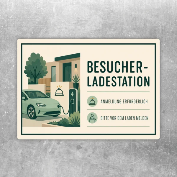 Querformatiger Aufkleber Besucher-Ladestation mit E-Auto, Ladesäule und Hinweis Anmeldung erforderlich in Grün und Creme.