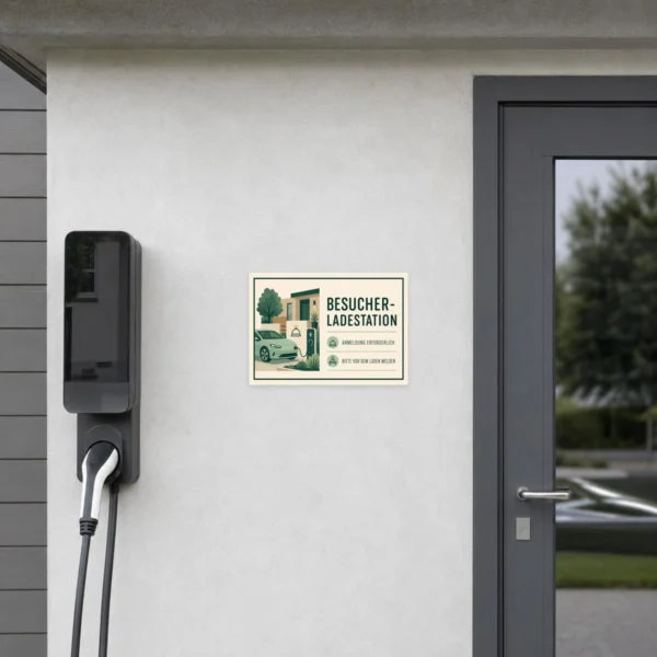 KI-generiertes Anwendungsbeispiel: Besucher-Ladestation Aufkleber querformat an Ladepunkt mit E-Auto und Hinweis Anmeldung erforderlich.