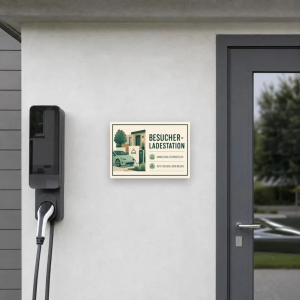 KI-generiertes Anwendungsbeispiel: Besucher-Ladestation Schild Anmeldung erforderlich querformat am passenden Einsatzort mit gut sichtbarem Motiv und klarer Beschriftung.