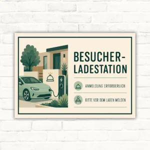 Besucher-Ladestation Schild Anmeldung erforderlich querformat mit gut lesbarem Motiv und klarer Beschriftung als bedrucktes Schild aus Aluminium-Verbundplatte.