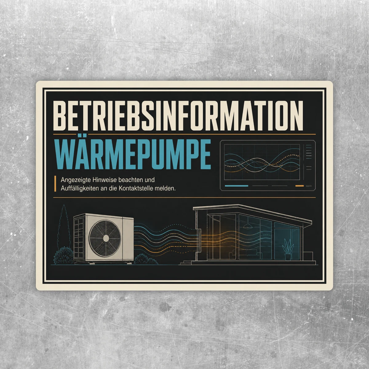 Betriebsinformation Wärmepumpe Aufkleber im Querformat mit Technikgrafik, blauem Text und Hinweis zum Melden von Auffälligkeiten.