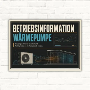 Betriebsinformation Wärmepumpe Schild mit Wortlaut „Hinweise beachten und Auffälligkeiten melden“ im Querformat.
