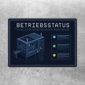 Betriebsstatus Aufkleber im Querformat mit Maschinenmotiv und Hinweis zur Freigabe vor der Nutzung.
