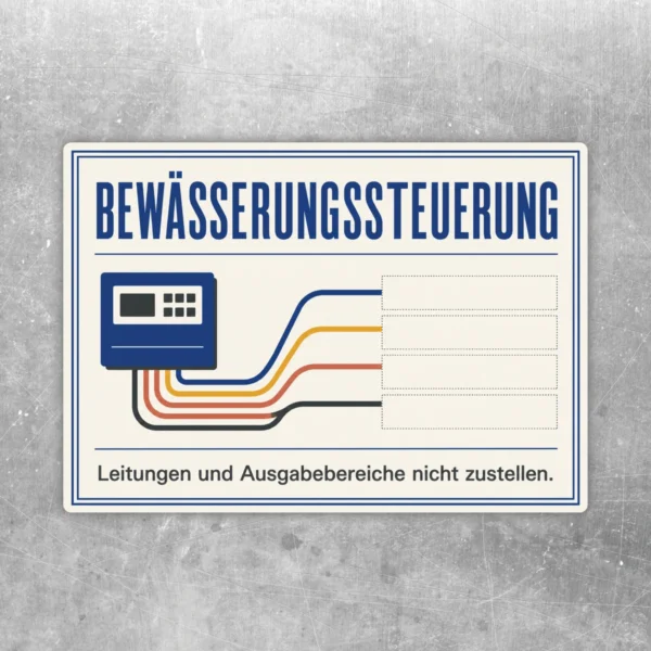 Bewässerungssteuerung Aufkleber mit Steuerbox, farbigen Leitungen und Hinweis zum Freihalten der Ausgabebereiche.