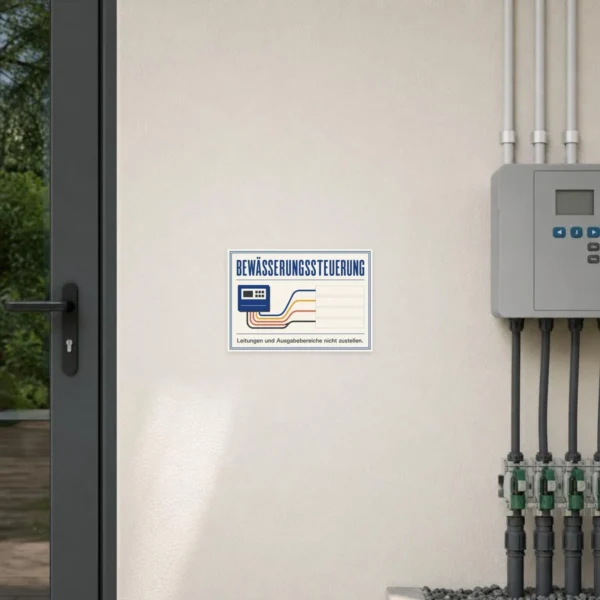 KI-generiertes Anwendungsbeispiel: Bewässerungssteuerung Aufkleber auf Metallfläche mit Leitungen und Freihaltehinweis.