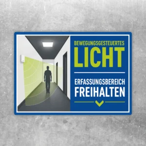 Aufkleber bewegungsgesteuertes Licht mit Flurmotiv, Sensorzone und Hinweis Erfassungsbereich freihalten.