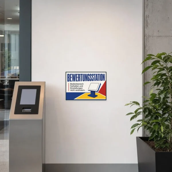 KI-generiertes Anwendungsbeispiel: Bewertungsstation Aufkleber an Service-Terminal mit farbigem Hinweistext.