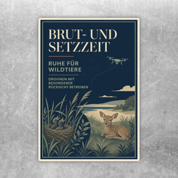 Brut- und Setzzeit Aufkleber mit Kitz, Vogelnest, Gräsern und Drohne als Hinweis auf Ruhe für Wildtiere.