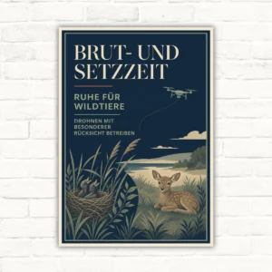 Brut- und Setzzeit Schild mit Rehkitz, Vogelnest und Drohne, Text Ruhe für Wildtiere und Drohnen mit Rücksicht.