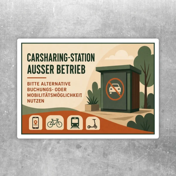 Carsharing-Station außer Betrieb Aufkleber mit Hinweis auf alternative Buchungs- und Mobilitätsmöglichkeiten.