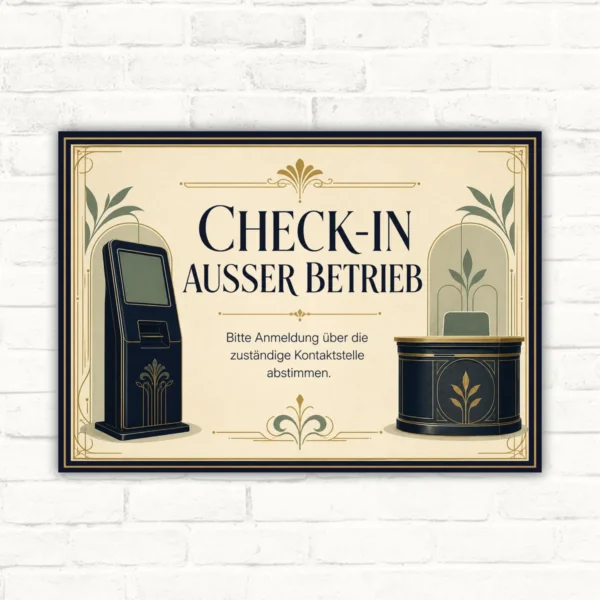 Check-in außer Betrieb Schild – Anmeldung über Kontaktstelle abstimmen mit gut lesbarem Motiv und klarer Beschriftung als bedrucktes Schild aus Aluminium-Verbundplatte.