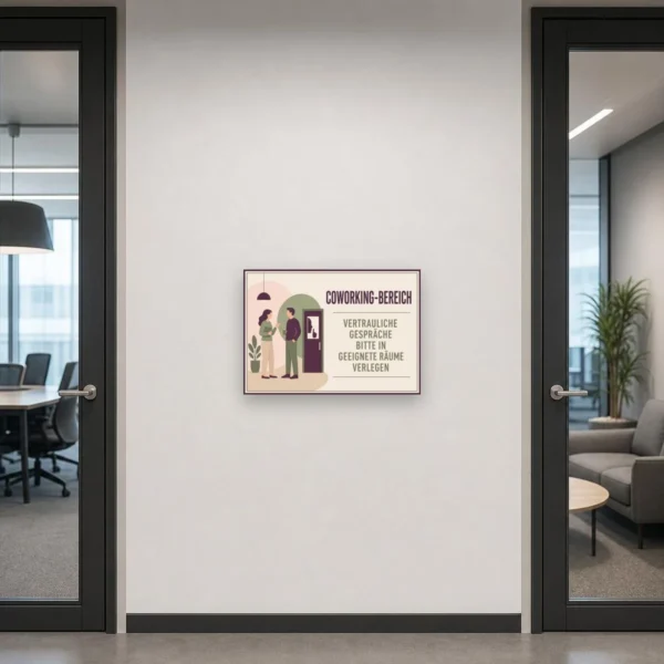 KI-generiertes Anwendungsbeispiel: Coworking Bereich Schild für Diskretion mit Hinweis auf vertrauliche Gespräche.