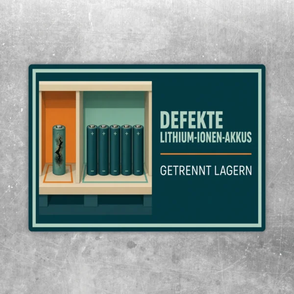 Querformatiger Lithium-Ionen-Akku Aufkleber mit Regalillustration und Text Defekte Lithium-Ionen-Akkus getrennt lagern.