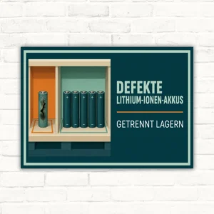 Hinweisschild mit Text „Defekte Lithium-Ionen-Akkus getrennt lagern“ und Illustration eines separierten beschädigten Akkus.