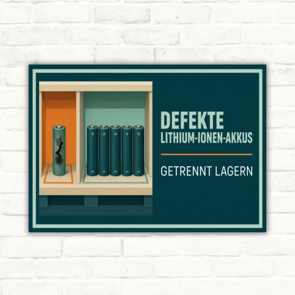 Hinweisschild mit Text „Defekte Lithium-Ionen-Akkus getrennt lagern“ und Illustration eines separierten beschädigten Akkus.