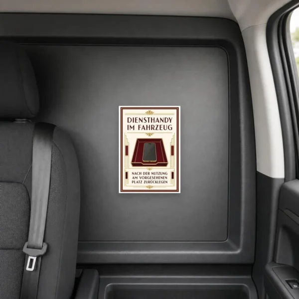 KI-generiertes Anwendungsbeispiel: Hochformat-Hinweisschild mit Smartphone-Motiv und dem Text „Diensthandy im Fahrzeug – nach der Nutzung am vorgesehenen Platz zurücklegen“.